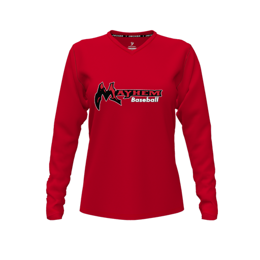 [CUS-DFW-TEES-PER-VNK-LSL-RED-FYXS-LOGO2] Performance T-Shirt (Female Youth XS, Red, V Neck, Logo 2, Long Sleeve)